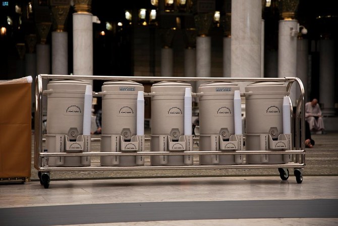 Zamzam water containers at the Prophet’s Mosque in Madinah. (SPA)